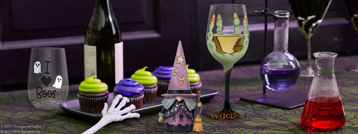 Enesco Halloween Products featured on a table with science instruments