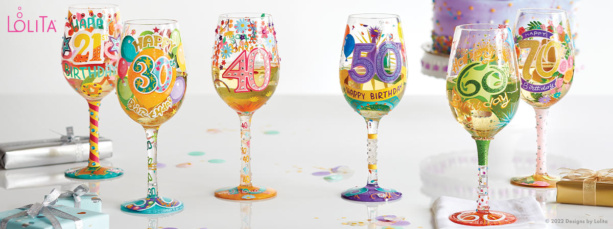 Lolita Happy Birthday Balloons and Streamers Handpainted Wine Glass, 15 oz.