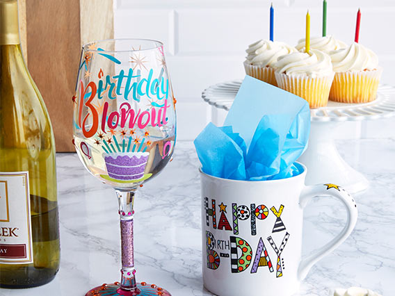 Birthday Wine Glass from Designs by Lolita and Mug from Our Name is Mud